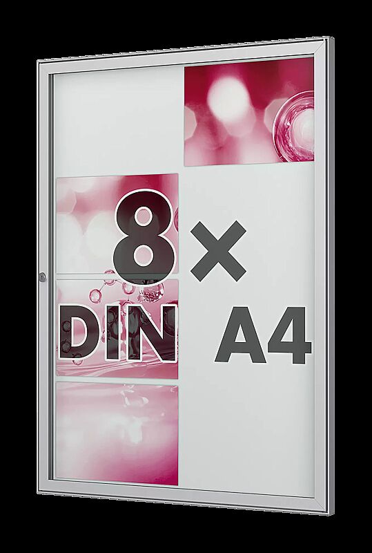 Schaukasten TESSALIA, für 8 x DIN A4, Hochformat, in Alu silber