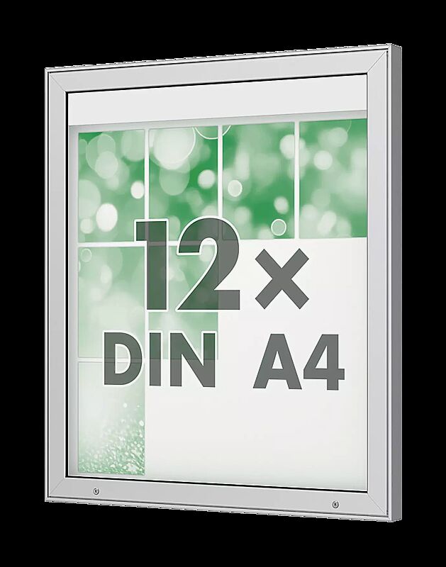 Schaukasten DERINEA zur Wandbefestigung, Ecken spitz, Bautiefe 65 mm, für 12 x DIN A4, Alu silber