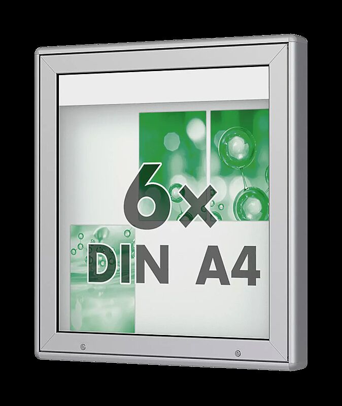 Schaukasten DERINEA zur Wandbefestigung, Ecken gerundet, Bautiefe 80 mm, für 6 x DIN A4, Alu silber