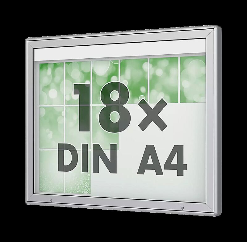 Schaukasten DERINEA zur Wandbefestigung, Ecken gerundet, Bautiefe 80 mm, für 18 x DIN A4, Alu silber