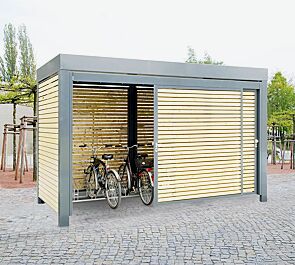 Fahrradhaus MULTIPORT®, Dachbreite x Dachtiefe 4030 mm x 2580 mm, mit Wänden und Schiebetür, einteilig, aus waagerechter Holzbelattung, Stahlkonstruktion in RAL 7016 anthrazitgrau