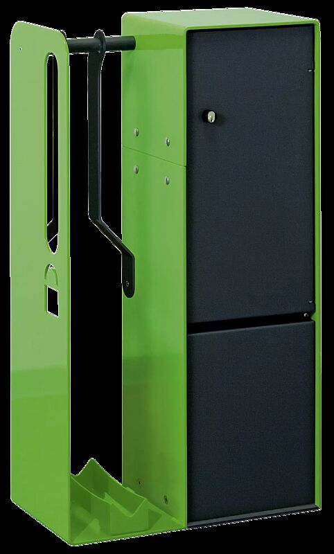 Fahrrad-Abstellanlage VELO-CONNECTOR mit Ladeschließfach und Radeinstellung links, Zugang mittels Zylinderschlüssel, Stahlteile in RAL 7016 anthrazitgrau / RAL 6018 gelbgrün