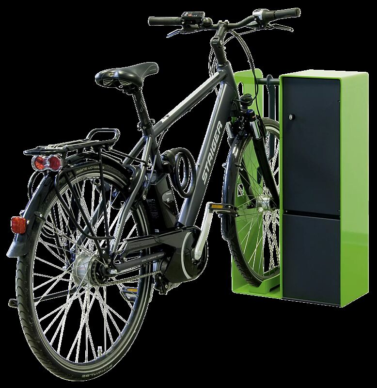 Fahrrad-Abstellanlage VELO-CONNECTOR mit Ladeschließfach und Radeinstellung links, Zugang mittels Zylinderschlüssel, Stahlteile in RAL 7016 anthrazitgrau / RAL 6018 gelbgrün