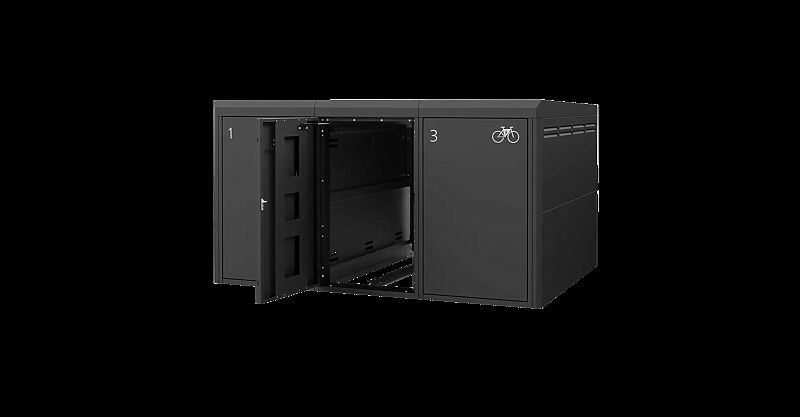 Fahrradgarage FULLERTON-E für 3 Fahrräder, einstöckig, für Zugangs- und Buchungssystem SmartBikeBox®, Höhe x Breite x Tiefe 1510 mm x 2738 mm x 2100 mm, Stahlkonstruktion in RAL 7016 anthrazitgrau, Beschriftung gegen Mehrpreis