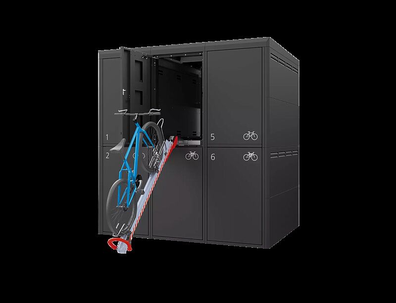 Fahrradgarage FULLERTON-E für 6 Fahrräder, doppelstöckig, für Zugangs- und Buchungssystem SmartBikeBox®, Höhe x Breite x Tiefe 2885 mm x 2738 mm x 2100 mm, Stahlkonstruktion in RAL 7016 anthrazitgrau, Beschriftung gegen Mehrpreis