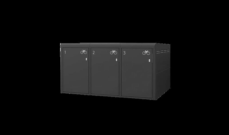 Fahrradgarage FULLERTON-KEY XL für 3 Fahrräder, einstöckig, Höhe x Breite x Tiefe 1510 mm x 2912 mm x 2100 mm, Stahlkonstruktion in RAL 7016 anthrazitgrau, Beschriftung gegen Mehrpreis  Fahrradgarage FULLERTON-KEY XL für 3 Fahrräder, einstöckig, Höhe x...