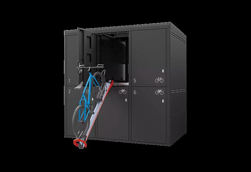 Fahrradgarage FULLERTON-KEY XL für 6 Fahrräder, doppelstöckig, Höhe x Breite x Tiefe 2885 mm x 2912 mm x 2100 mm, Stahlkonstruktion in RAL 7016 anthrazitgrau, Beschriftung gegen Mehrpreis 