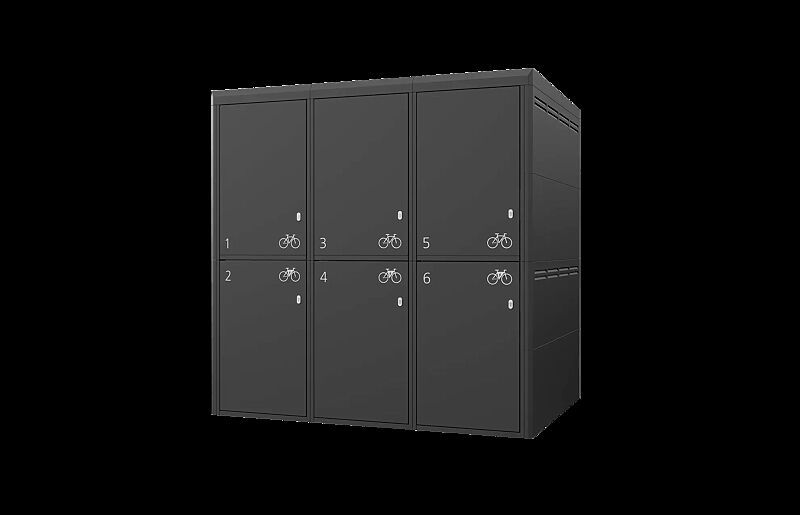 Fahrradgarage FULLERTON-KEY XL für 6 Fahrräder, doppelstöckig, Höhe x Breite x Tiefe 2885 mm x 2912 mm x 2100 mm, Stahlkonstruktion in RAL 7016 anthrazitgrau, Beschriftung gegen Mehrpreis Fahrradgarage FULLERTON-KEY XL für 6 Fahrräder, doppelstöckig, H...