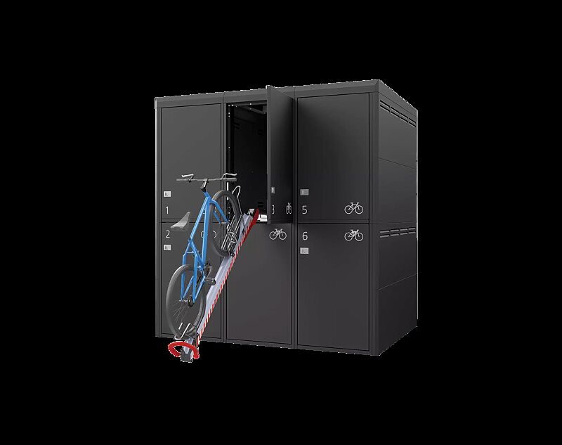 Fahrradgarage FULLERTON-PIN für 6 Fahrräder, doppelstöckig, Höhe x Breite x Tiefe 2885 mm x 2738 mm x 2100 mm, Stahlkonstruktion in RAL 7016 anthrazitgrau, Beschriftung gegen Mehrpreis