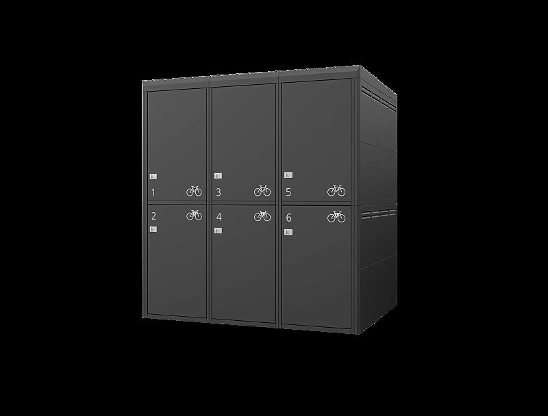 Fahrradgarage FULLERTON-PIN für 6 Fahrräder, doppelstöckig, Höhe x Breite x Tiefe 2885 mm x 2738 mm x 2100 mm, Stahlkonstruktion in RAL 7016 anthrazitgrau, Beschriftung gegen Mehrpreis
