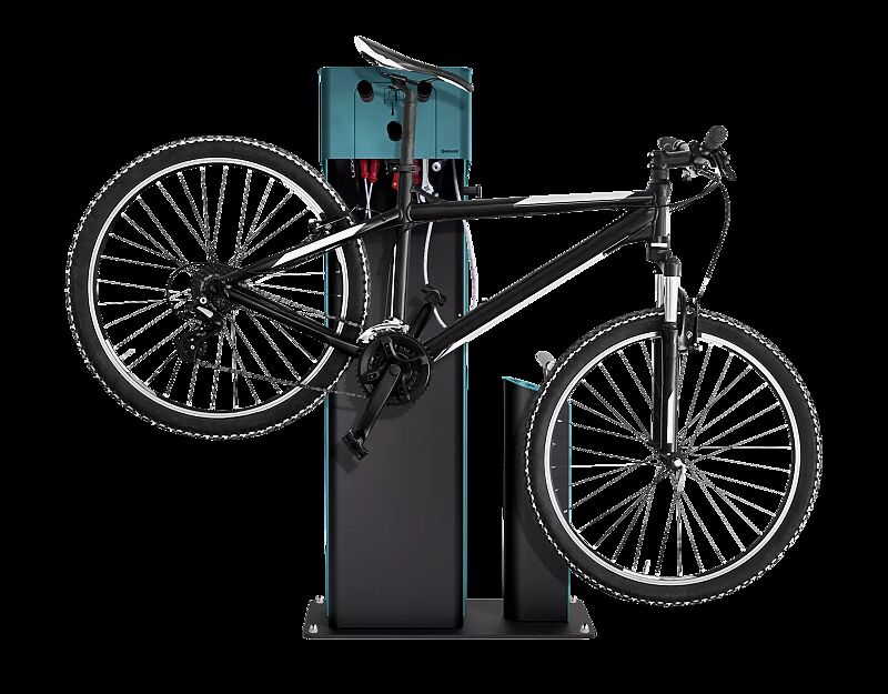 Servicestation CARY, Gehäuse in RAL 5018 türkisblau, Fahrradaufhängung an Sattelstütze rechts