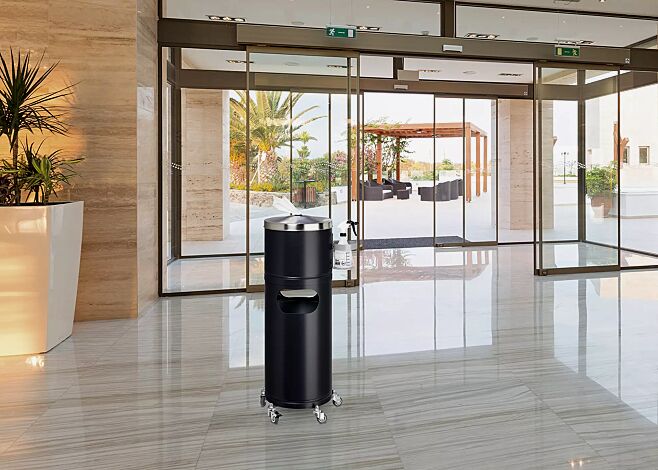 <div id="container" class="container">Desinfektionsstation PROTECTDES aus Stahl, in schwarzgrau ähnlich RAL 7021</div>