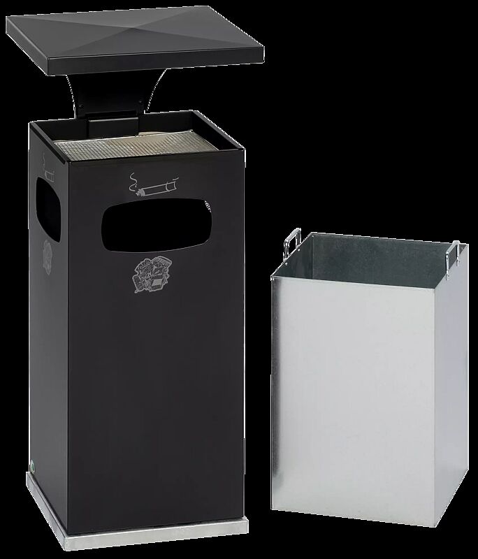 Abfallbehälter CASTLE mit Ascher, 38 Liter, in RAL 7021 schwarzgrau, feuerverzinkter Innenbehälter entnommen