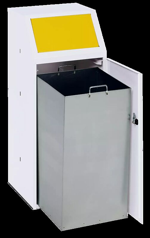 Wertstoffsammler LIVERPOOL mit Innenbehälter, Korpus in  RAL 9016 verkehrsweiß, Einwurfklappe in RAL 1023 verkehrsgelb