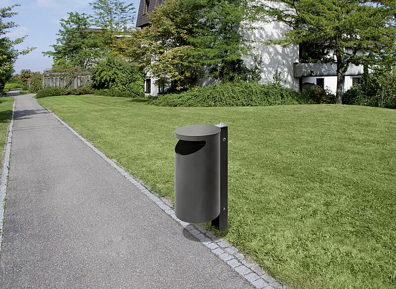 Abfallbehälter BURLINGTON aus Edelstahl, pulverbeschichtet in DB 703 eisenglimmer, mit Ascher