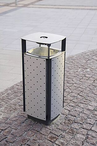 Abfallbehälter DIAGONAL, quadratisch abgerundet, mit Schutzdach und Ascher, Korpus: gestanztes Stahlblech, in RAL 7016 anthrazitgrau und RAL 9006 weißaluminium (zweifarbig auf Anfrage)