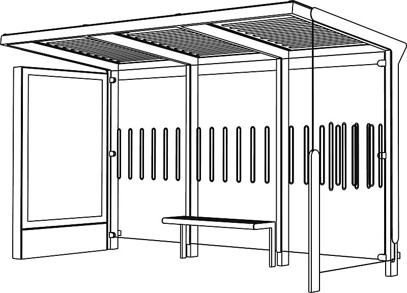 Wartehalle AUREO, Dachbreite x Dachtiefe 4220 mm x 1855 mm, einseitig, mit Seitenwänden, mit Werbevitrine C-LIGHT