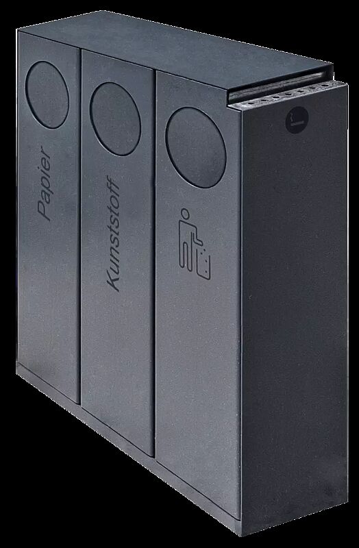 Abfallbehälter CRYSTAL TRIO mit 1 Ascher, 2 x 32 und 1 x 55 Liter, mit Einwurfklappe, in DB 703 eisenglimmer, Siebdruck in RAL 7016 anthrazitgrau