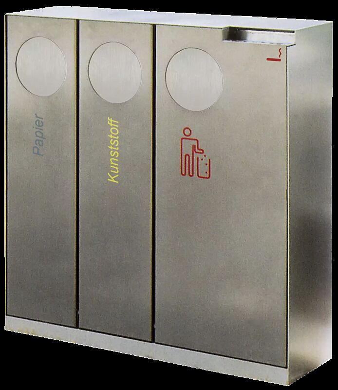 Abfallbehälter CRYSTAL TRIO mit 1 Ascher, 2 x 32 und 1 x 55 Liter, mit Einwurfklappe, Edelstahl, Siebdruck in RAL 5002 ultramarinblau, RAL 1028 melonengelb und RAL 3020 verkehrsrot