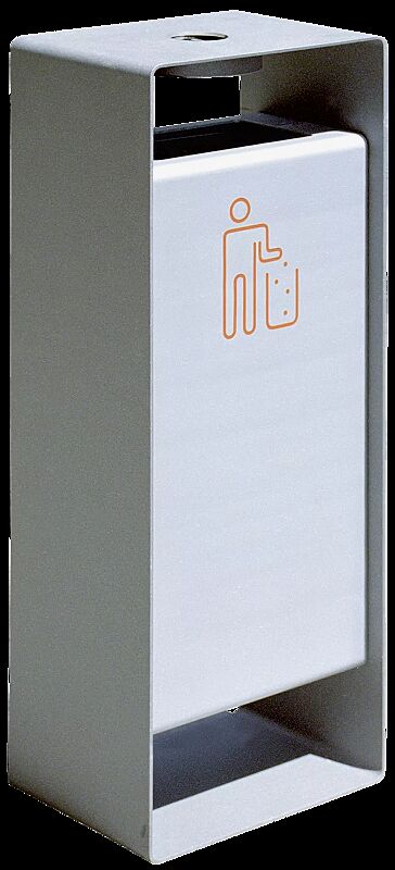 Abfallbehälter RADIUM in RAL 9007 graualuminium und RAL 9006 weißaluminium (zweifarbig auf Anfrage), Siebdruck in RAL 2004 reinorange