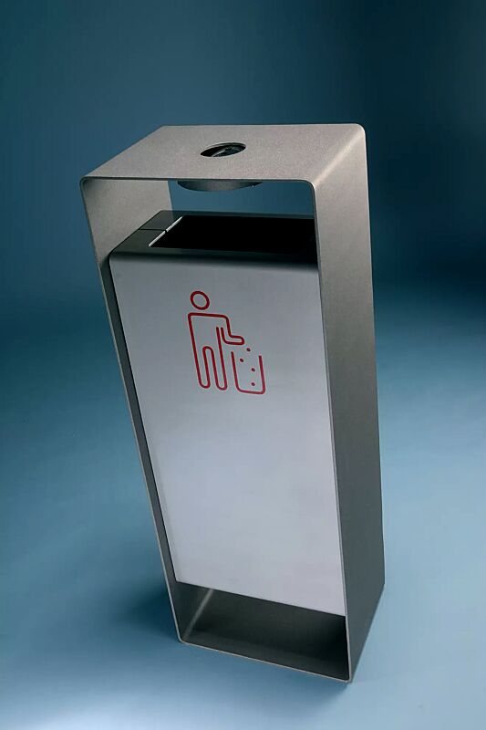 Abfallbehälter RADIUM in RAL 9007 graualuminium und RAL 9006 weißaluminium (zweifarbig auf Anfrage), Siebdruck in RAL 3020 verkehrsrot