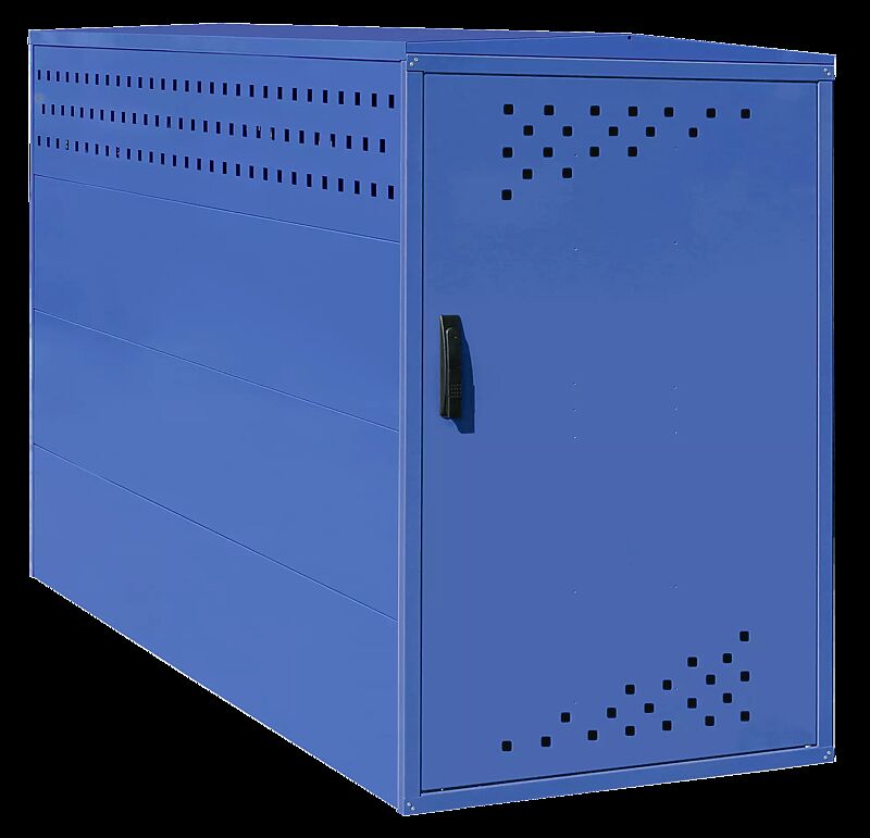 Fahrradgarage LEXINGTON NEW, Grundeinheit mit Giebeldach, mit Profilhalbzylinderschloss, Türanschlag DIN rechts, Stahlkonstruktion in RAL 5000 violettblau