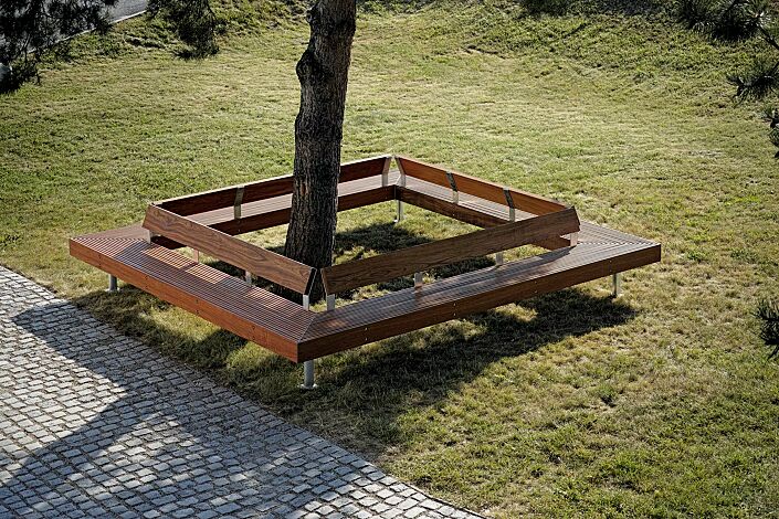 Viereckbank WOODY mit Rückenlehne, mit Jatobaholzbelattung