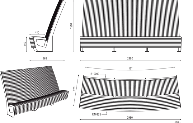 m.R., Außenradius, Gesamtl. 2980 mm