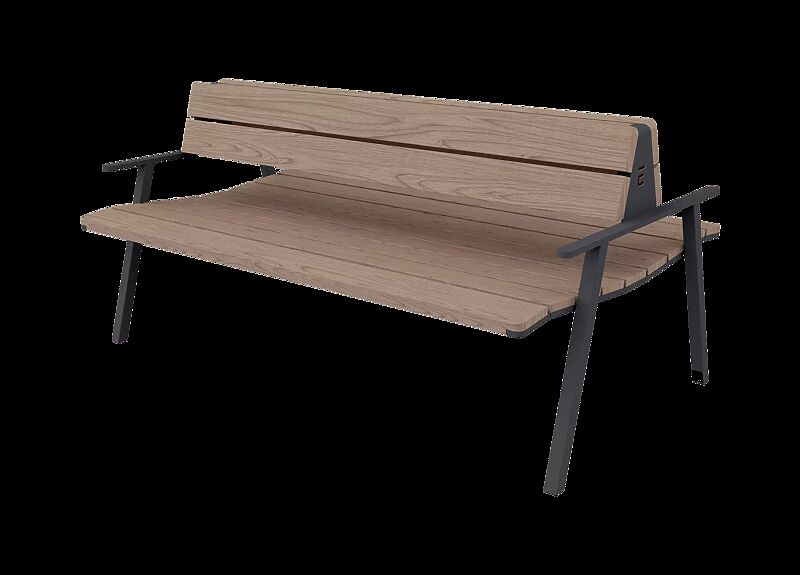 Sitzbank EGER MODERN - doppelseitig, mit Rücken- und Armlehnen, mit Eschenholzbelattung, Stahlteile in RAL 7016 anthrazitgrau