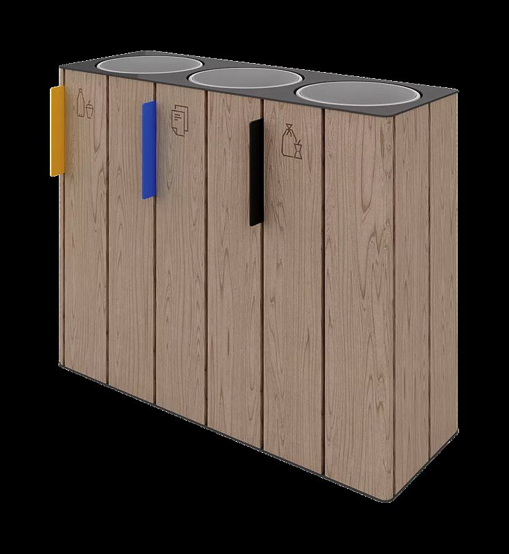 Abfallbehälter EGER mit Mülltrennung, Korpus: Eschenholzbelattung, zum Aufdübeln bei +/- 0 mm, Stahlteile in RAL 7016 anthrazitgrau
