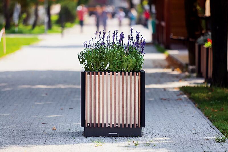 Pflanzbehälter FLORIUM, quadratisch, mit Jatobaholzbelattung, Stahlteile in RAL 7022 umbragrau