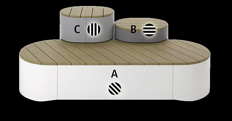 Sitzpodest URBAN ISLANDS, Kombination 2, mit Jatobaholzbelattung, Stahlteile in RAL 9006 weißaluminium, RAL 9007 graualuminium und RAL 9010 reinweiß
