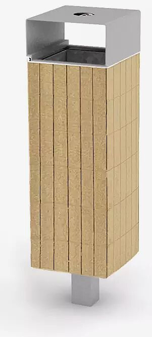 Abfallbehälter NANUK, quadratisch, mit Schutzdach und Ascher, Korpus: Robinienholzbelattung, Stahlteile in RAL 9006 weißaluminium