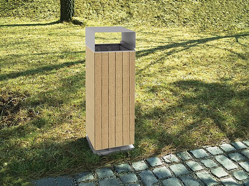 Abfallbehälter NANUK, Standbehälter mit Schutzdach, Korpus: Robinienholzbelattung, Stahlteile in RAL 9006 weißaluminium