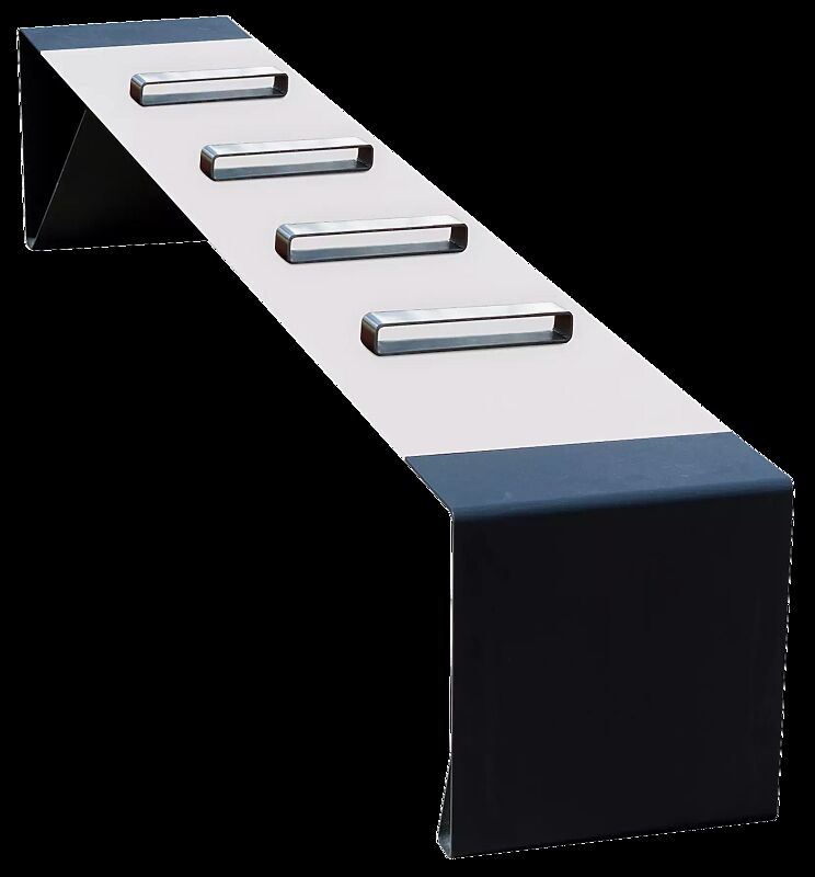 Sitzbank RADIUM ohne Rückenlehne, Sitzfläche mit Edelstahlstreben unterteilt, mit weißer HPL-Auflage, Stahlteile in RAL 7016 anthrazitgrau