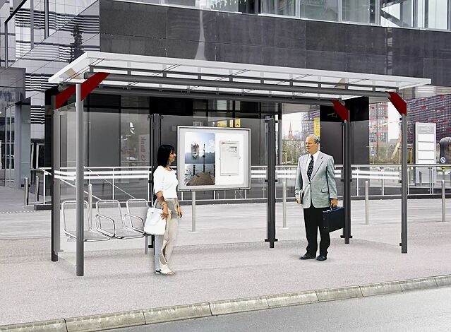 Wartehalle MATRIX, Dachbreite x Dachtiefe 5090 mm x 2250 mm, Rück- / Seitenwände ESG, Klarglas mit Siebdruckstreifen, Stützenköpfe farblich abgesetzt in RAL 3005 weinrot, Schaukasten TESSALIA, Stahlkonstruktion in RAL 9006 weißaluminium