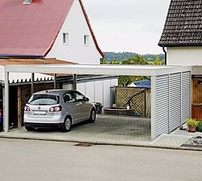 MULTIPORT® Car Dachbreite x Dachtiefe 5970 mm x 5970 mm, Stahlkonstruktion feuerverzinkt und pulverbeschichtet, inkl. 3 Wandelementen Aluminiumwellblech, waagerecht, Dacheindeckung Trapezblech