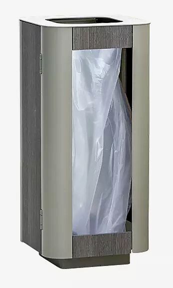 Abfallsackhalter PAOSA, Stahlteile in RAL 7044 seidengrau, Korpus aus grauem Zedernholz