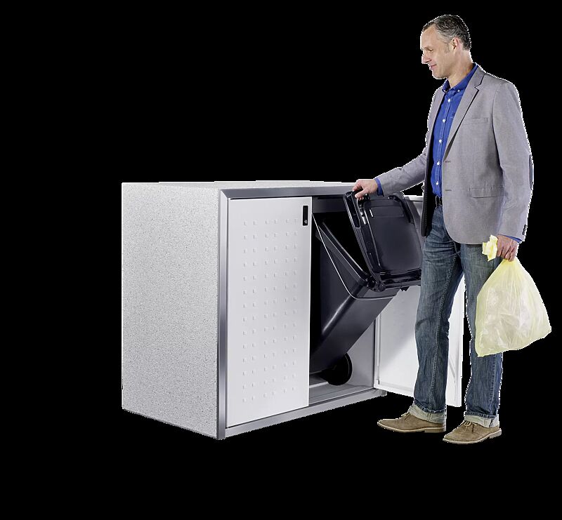 Müllbehälter-Doppelschrank DARWEN, Korpus Sichtbeton gewaschen in eisgrau, Türen in RAL 9010 reinweiß