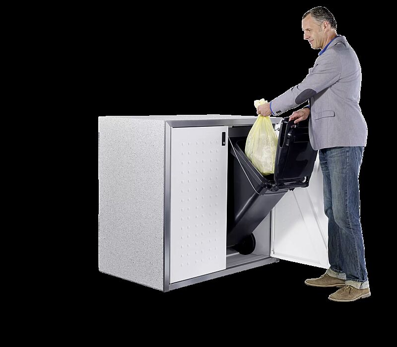 Müllbehälter-Doppelschrank DARWEN, Korpus Sichtbeton gewaschen in eisgrau, Türen in RAL 9010 reinweiß