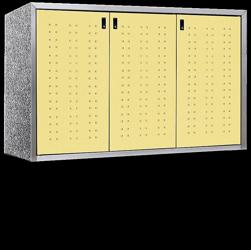 Müllbehälter-Dreifachschrank DARWEN, Korpus Sichtbeton gewaschen in perlgrau, Türen in cremegelb ähnlich RAL 0909040