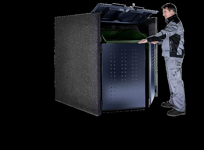 Containerbox DARWEN, Korpus Sichtbeton gewaschen in perlmutt schwarz, Stahlteile in anthrazitgrau ähnlich RAL 7016