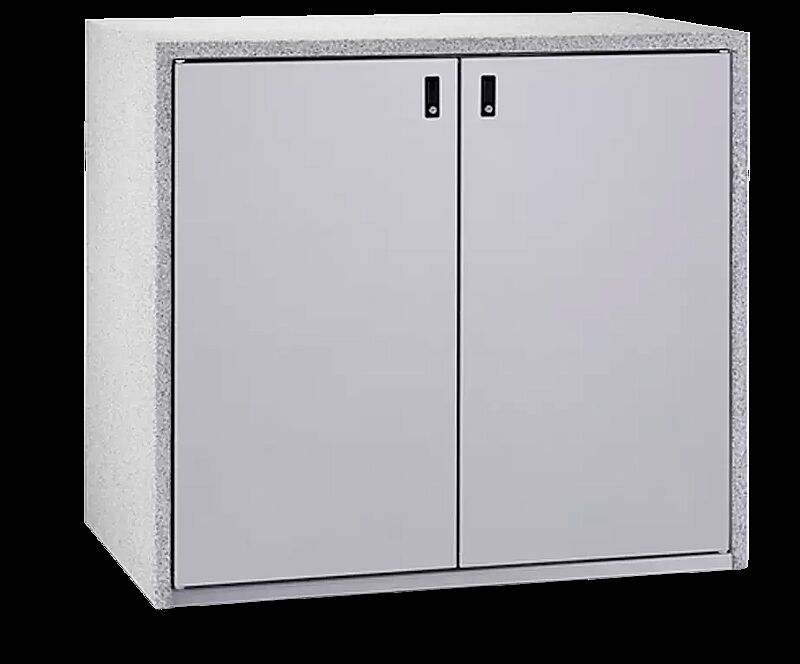 Müllbehälter-Doppelschrank SWANLEY, Korpus Sichtbeton feingestockt in procarat® mixed, Türen in RAL 9006 weißaluminium