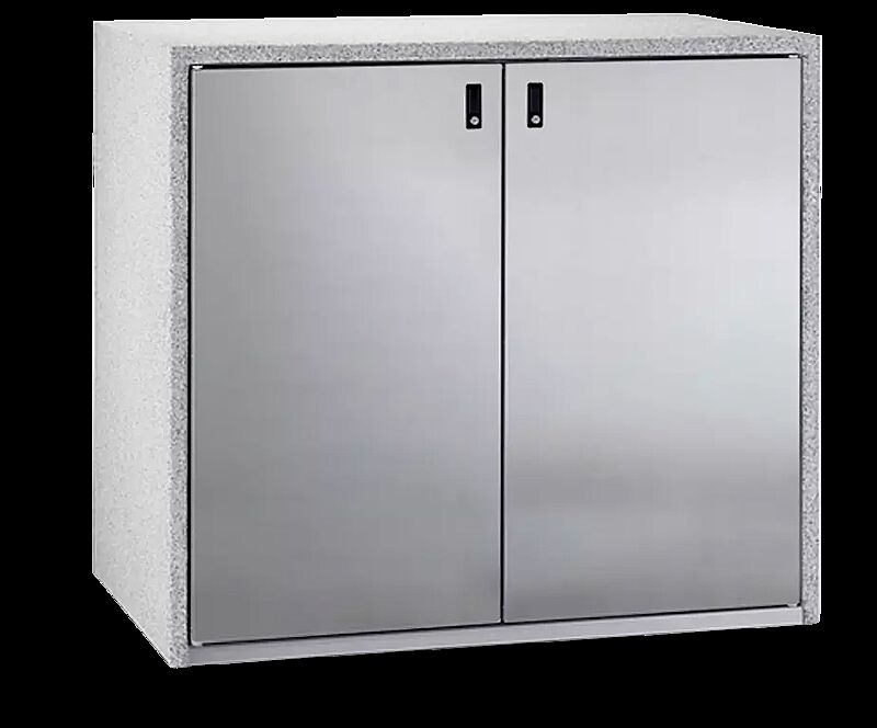 Müllbehälter-Doppelschrank SWANLEY, Korpus Sichtbeton feingestockt in procarat® mixed, Türen aus Edelstahl