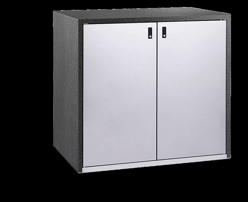 Müllbehälter-Doppelschrank SWANLEY, Korpus Sichtbeton feingestockt in revulkan® braun, Türen aus Edelstahl