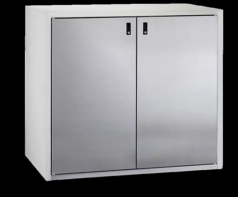 Müllbehälter-Doppelschrank SWANLEY, Korpus Sichtbeton glatt, Türen aus Edelstahl