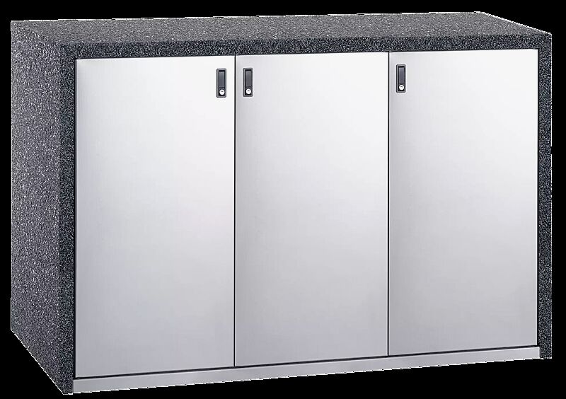 Müllbehälter-Dreifachschrank SWANLEY, Korpus Sichtbeton gewaschen in perlmutt schwarz, Türen aus Edelstahl