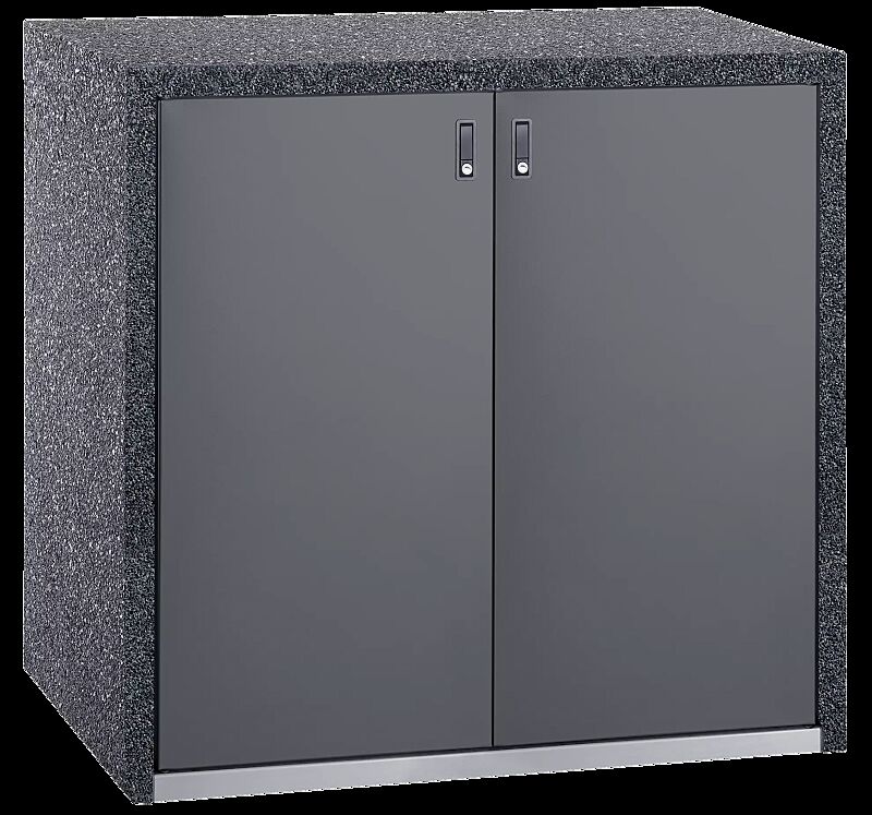 Müllbehälter-Doppelschrank SWANLEY, Korpus Sichtbeton gewaschen in perlmutt schwarz, Türen in RAL 7011 eisengrau