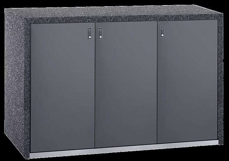 Müllbehälter-Dreifachschrank SWANLEY, Korpus Sichtbeton gewaschen in perlmutt schwarz, Türen in RAL 7011 eisengrau
