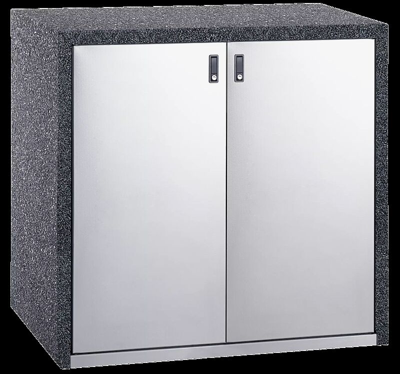 Müllbehälter-Doppelschrank SWANLEY, Korpus Sichtbeton gewaschen in perlmutt schwarz, Türen aus Edelstahl